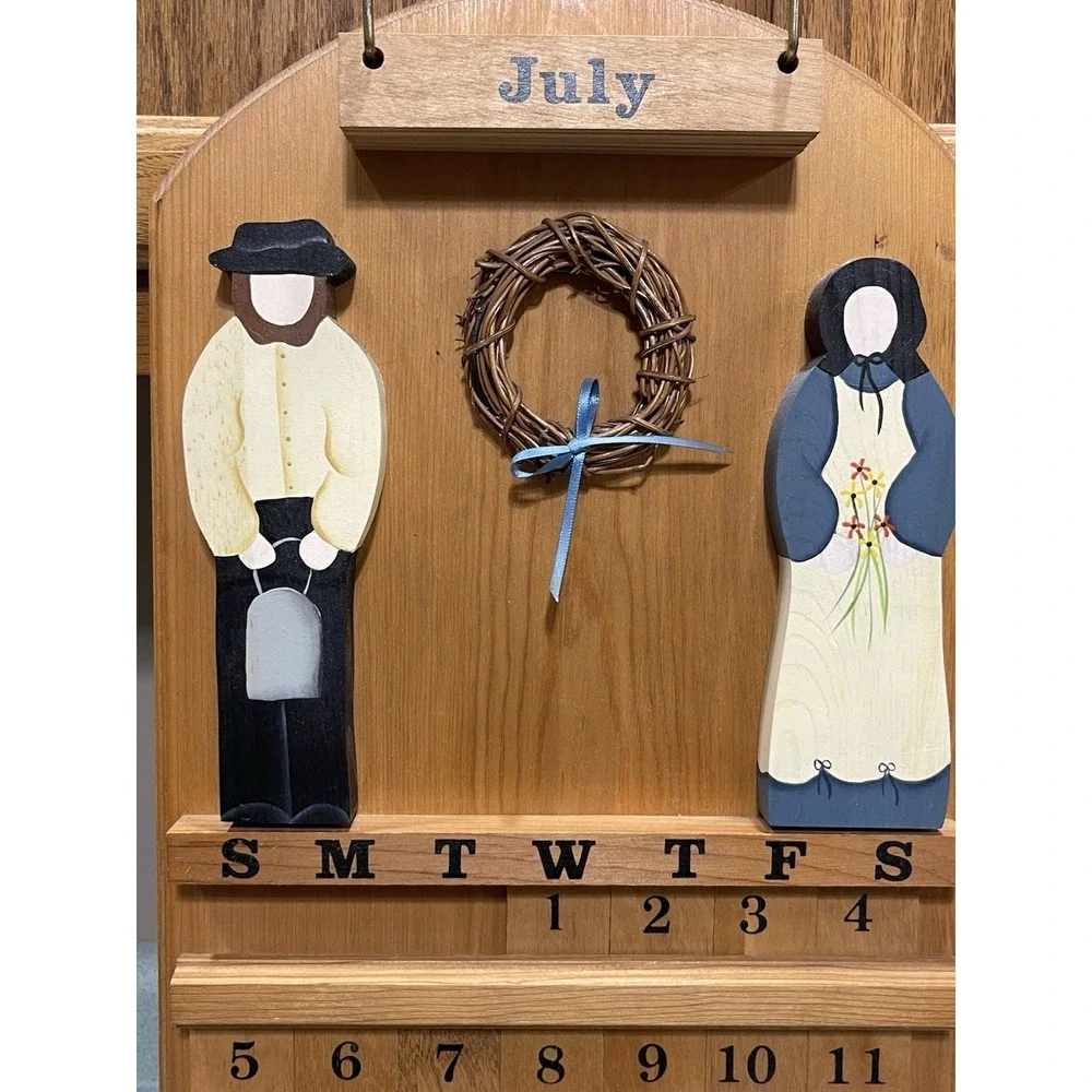 Wooden Amish Country Folk Art Hanging Perpetual Calendar Cottage Grandma Core
